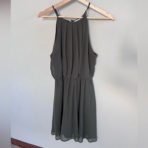 Lush Olive Green Pleated High-Neck Mini Dress – Chiffon Sleeveless Dress